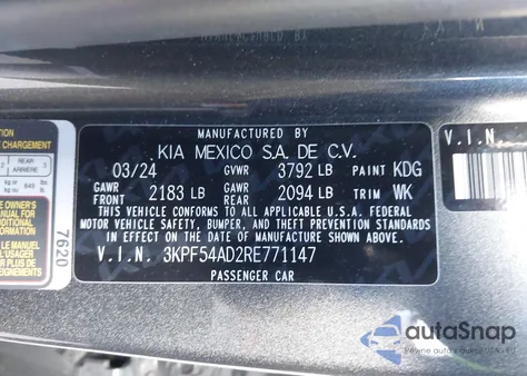 2024 Kia Forte Gt-Line из США, поврежденный, VIN 3KPF54AD2RE771147